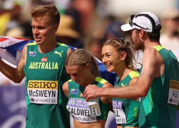 From L-R: Stewart McSweyn, Abbey Caldwell, Jessica Hull and Oliver Hoare after winning bronze at the World Athletics Cross Country Championships