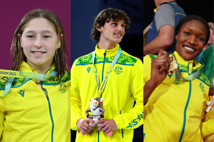Emerging Athlete of the Year Finalists, smiling while holding medals from the Birmingham 2022 Commonwealth Games, from L-R: Charli Petrov, Alex Saffy and Sunday Aryang