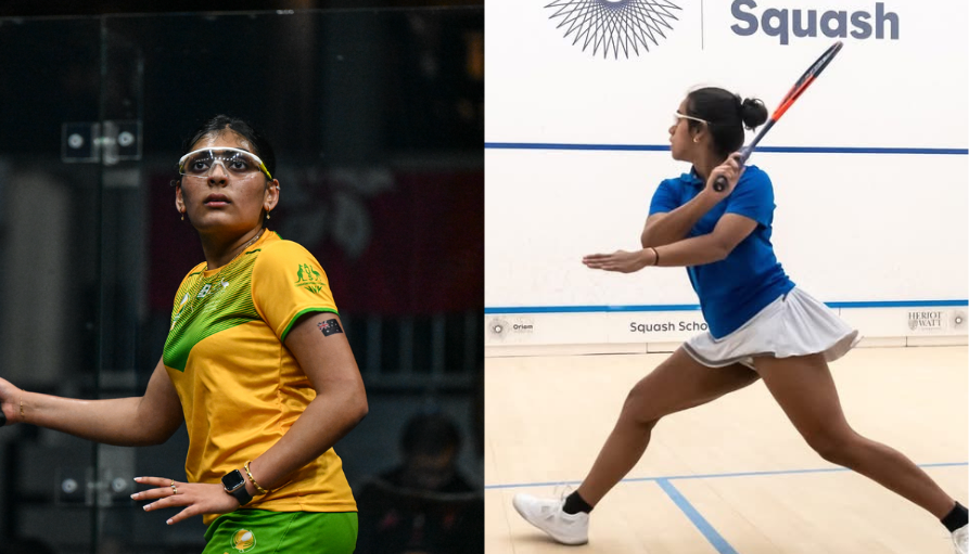 Two female squash players in action: one in yellow-green with goggles on the left, another in blue on the right mid-swing with a racket on a squash court.