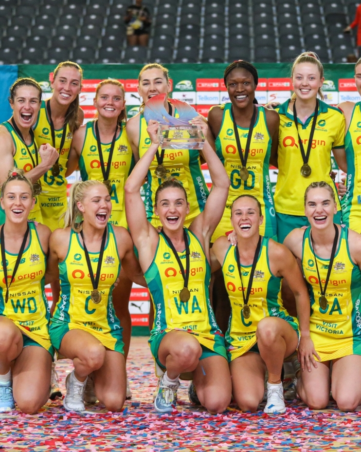 The Australian Diamonds lift the 2023 Quad Series trophy after defeating New Zealand in the final.