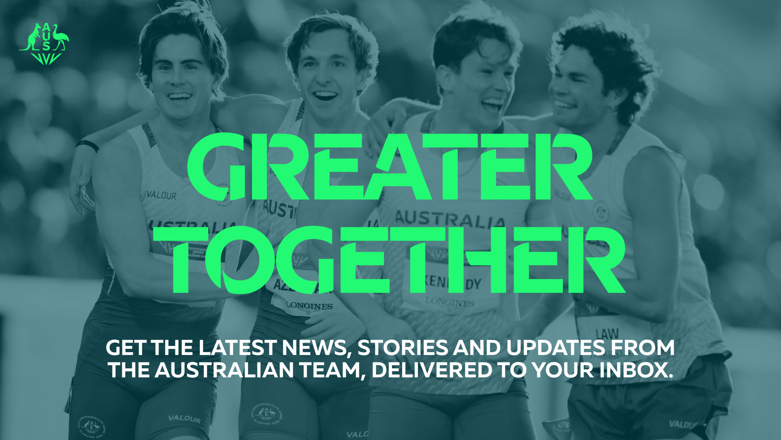 Promo banner showing a group of Australian runners celebrating, with teal overlay and large lime text reading 'GREAT TOGETHER' and a newsletter signup line below.