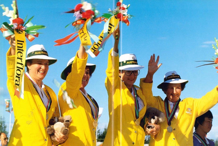 Marion Stevens celebrating Gold at the 1982 Brisbane Commonwealth Games