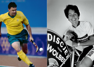 Two athletes side by side: left is a man in a yellow Australia field hockey kit chasing a ball, right is a smiling woman with a racing bicycle and a disc wheel in a studio-style shot.