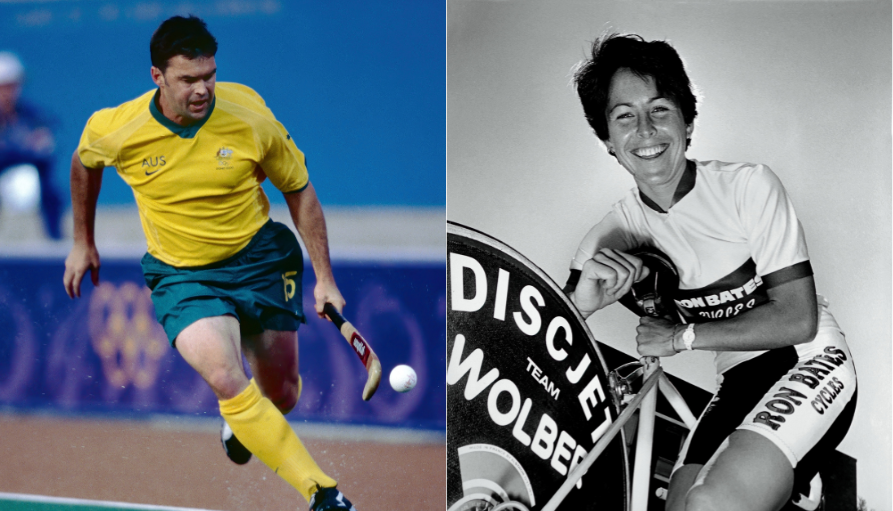 Two athletes side by side: left is a man in a yellow Australia field hockey kit chasing a ball, right is a smiling woman with a racing bicycle and a disc wheel in a studio-style shot.