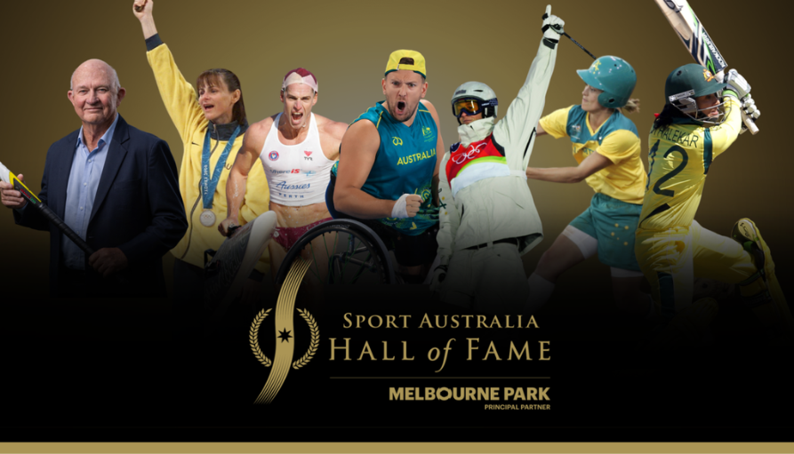 Group of Australian athletes in action across multiple sports with a gold-and-black banner reading 'Sport Australia Hall of Fame, Melbourne Park' in the foreground.